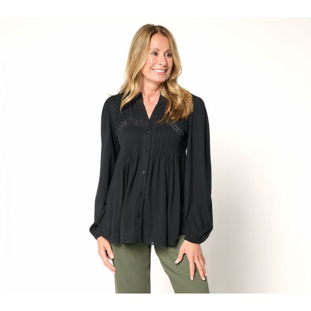 Gloria Vanderbilt Women's Top Sz M Knit Button Front Blouse Black A724271
